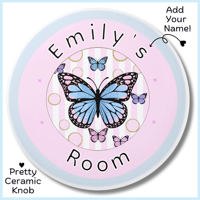 Bouton De Porte En Céramique Bouton en céramique bleu rose vif personnalisé (A pretty custom name ceramic knob featuring butterflies in soft pink and blue, white and gold.)