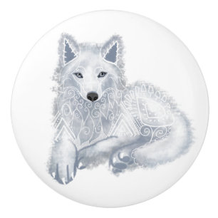 Bouton De Porte En Céramique Bouton en céramique d'animal esprit Loup Blanc