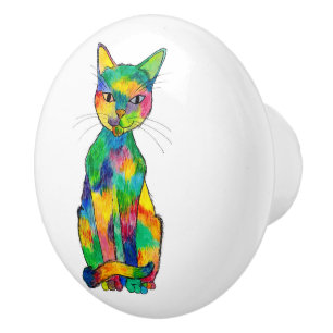 Bouton De Porte En Céramique Bouton en céramique de chat d'arc-en-ciel