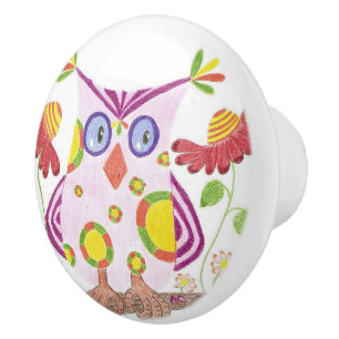 Bouton De Porte En Céramique Bouton en céramique de hibou de pièce rose-clair