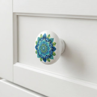 Bouton De Porte En Céramique Bouton en céramique élégant bleu-vert à médaillon