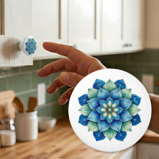 Bouton De Porte En Céramique Bouton en céramique mandala bleu et vert bohème
