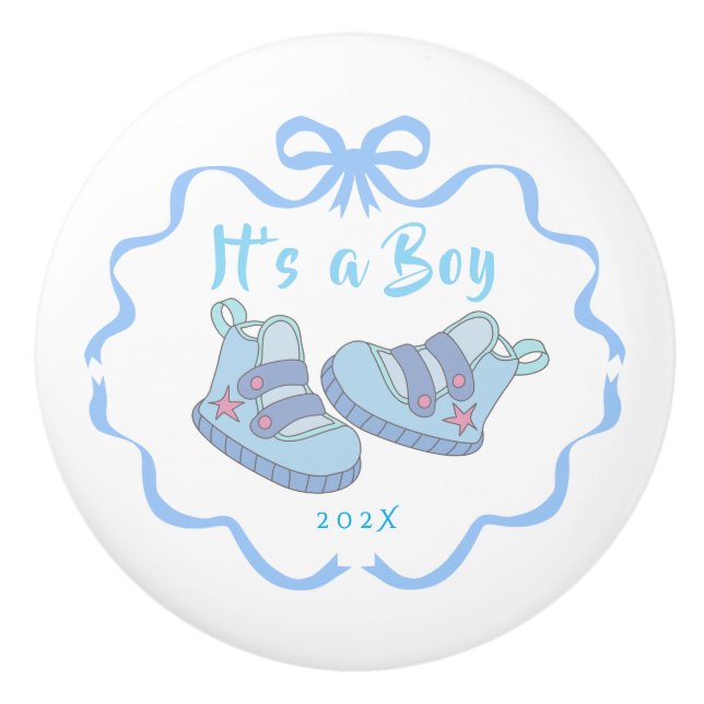 Bouton De Porte En Céramique Bow Ribbon C'est un garçon bleu (Devant)