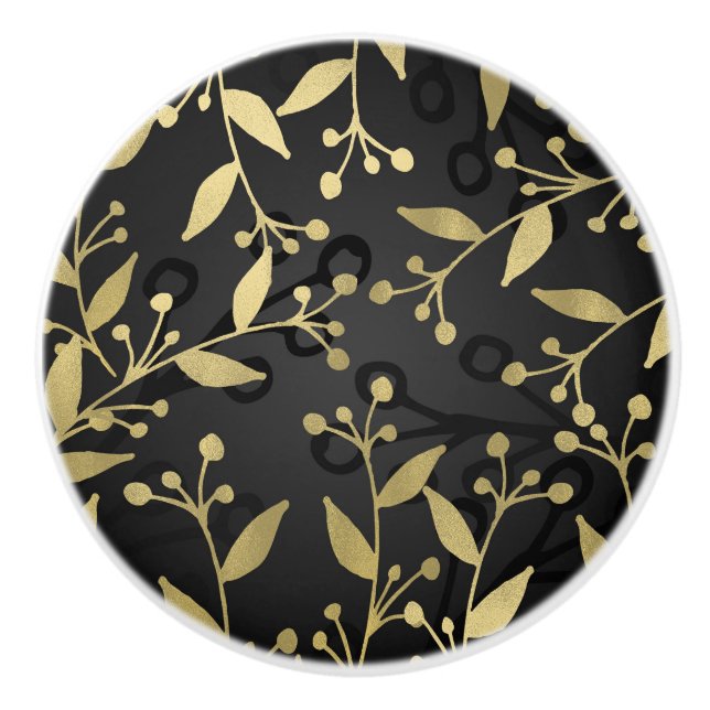 Bouton De Porte En Céramique Branches botaniques modernes de Black & Gold (Devant)