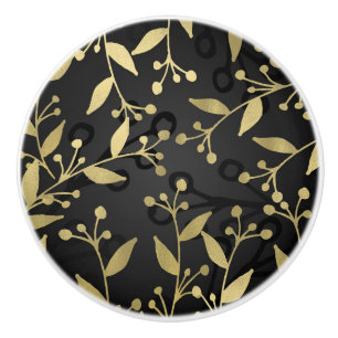 Bouton De Porte En Céramique Branches Rustiques Modernes Botaniques Noir & Or