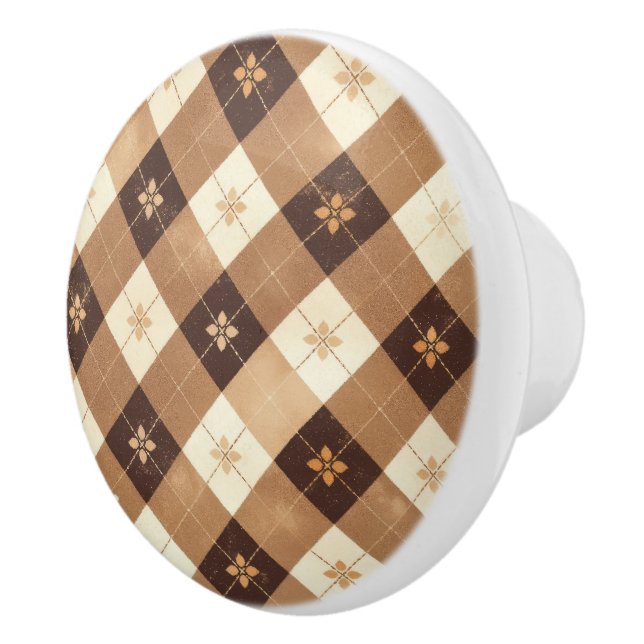 Bouton De Porte En Céramique Brown Tan Gingham Floral Kitchen (Droite)