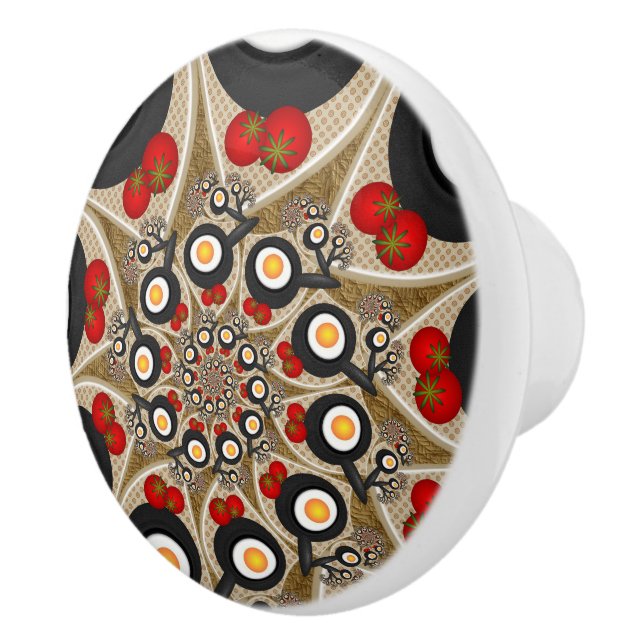 Bouton De Porte En Céramique Brunch Fractal Art Drôle Nourriture, Tomates, Oeuf (Droite)