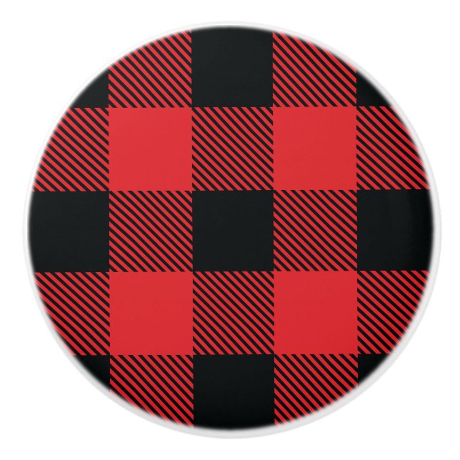 Bouton De Porte En Céramique Buffalo Plaid Christmas Red and Black Check (Devant)