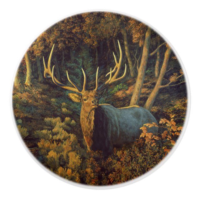 Bouton De Porte En Céramique Bull Elk dans la forêt d'automne (Devant)