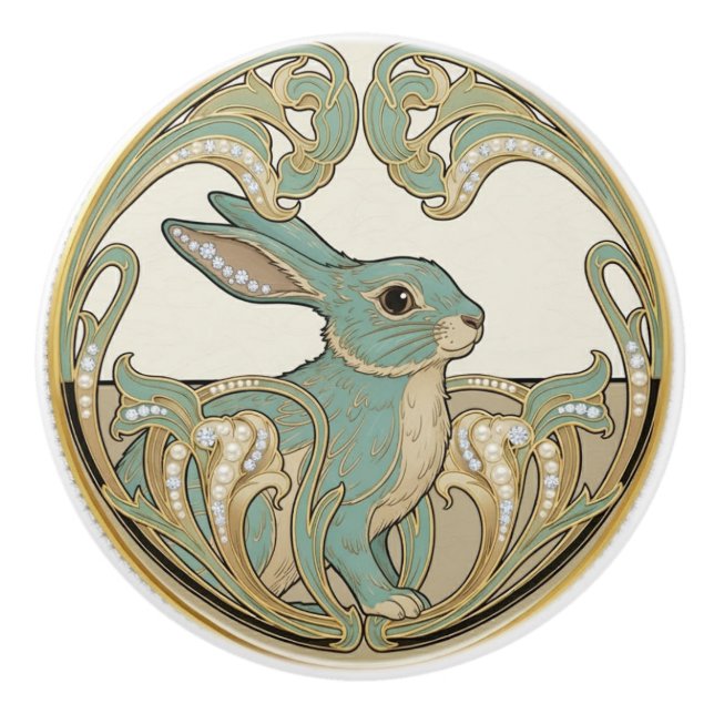 Bouton De Porte En Céramique Bunny Rabbit Sage Green & Gold Art Deco Nouveau (Devant)