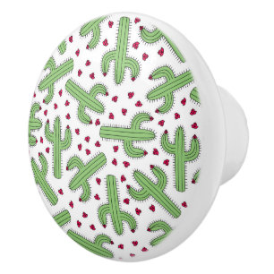 Bouton De Porte En Céramique Cactus illustré et motif de fleurs rose