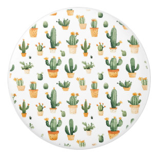 Bouton De Porte En Céramique Cactus pointillés sur blanc
