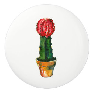 Bouton De Porte En Céramique Cactus Rouge Vert Plante Bohème Rustique Sud-Ouest