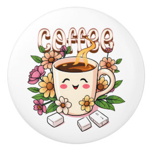 Bouton De Porte En Céramique Café et fleurs mignons Kawaii