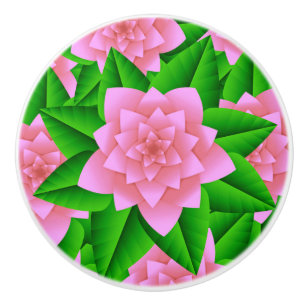 Bouton De Porte En Céramique Camellias rose glace et Feuilles verts