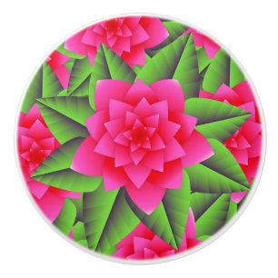 Bouton De Porte En Céramique Camellias roses de Fuschia et Feuilles verts
