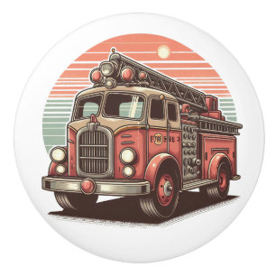 Bouton De Porte En Céramique Camion de pompiers rétro charmant au coucher du so