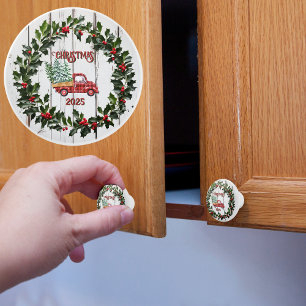 Bouton De Porte En Céramique Camion Rouge en Bois Bruté Maison de Campagne Rust