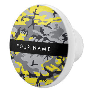 Bouton De Porte En Céramique Camouflage jaune et gris Votre nom Personnalisez