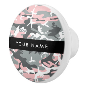 Bouton De Porte En Céramique Camouflage rose et gris Votre nom Personnalisez