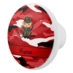 Bouton De Porte En Céramique Camouflage rouge personnalisé de chasseur nommé de
