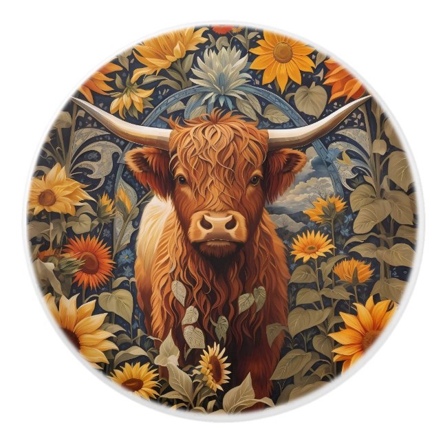 Bouton De Porte En Céramique Campagne rustique Highland Cow Sunflowers (Devant)