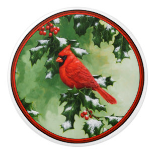 Bouton De Porte En Céramique Cardinal du Nord mâle et houx
