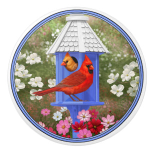 Bouton De Porte En Céramique Cardinaux et maison d'oiseaux bleue
