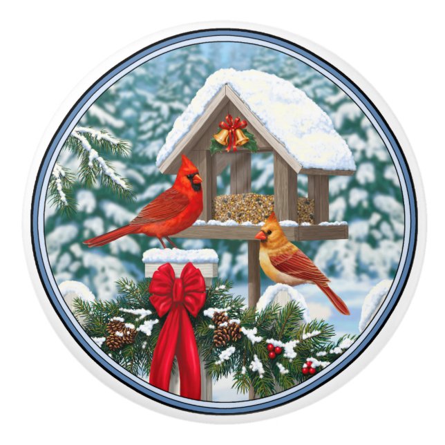 Bouton De Porte En Céramique Cardinaux et nourriciers d'oiseaux de Noël (Devant)