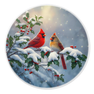 Bouton De Porte En Céramique Cardinaux rouges et houx dans la neige