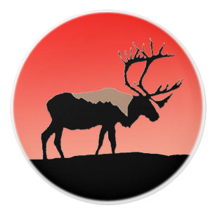 Bouton De Porte En Céramique Caribou au coucher du soleil - Art original de la 