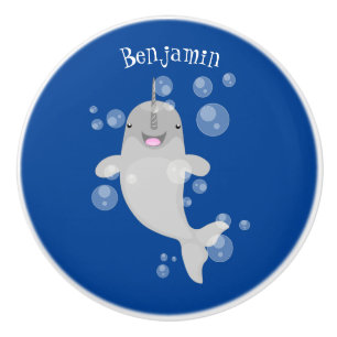 Bouton De Porte En Céramique Caricature de bulles de narval joyeux