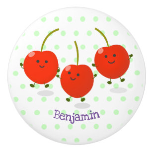 Bouton De Porte En Céramique Caricature de cerises rouges à sauter mûr