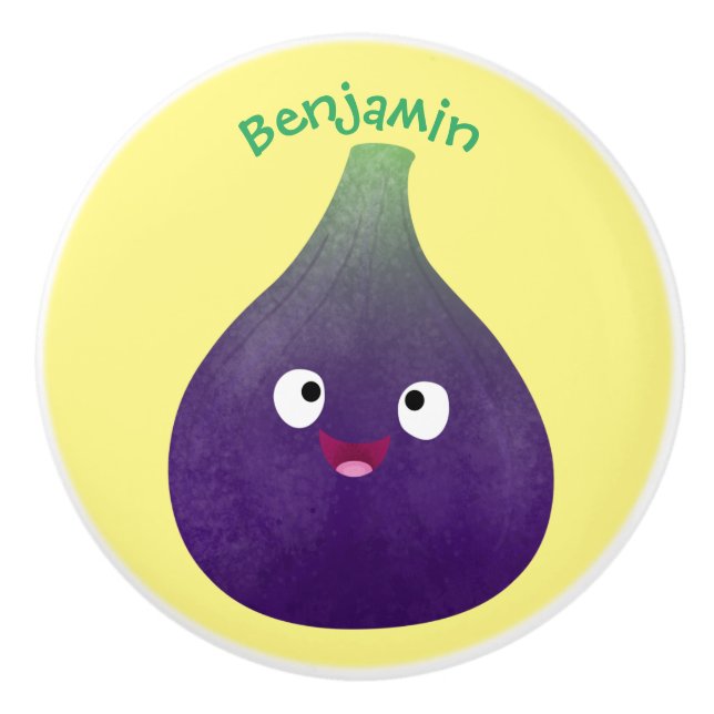 Bouton De Porte En Céramique Caricature de fruits mauve joyeux aux figues (Devant)