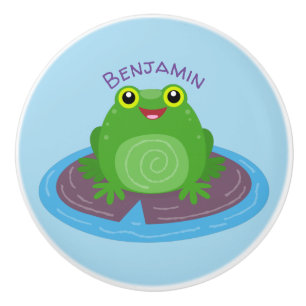 Bouton De Porte En Céramique Caricature de grenouille verte mignonne