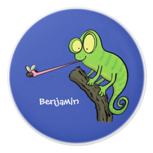 Bouton De Porte En Céramique Caricature de lézard de caméléon vert joyeux