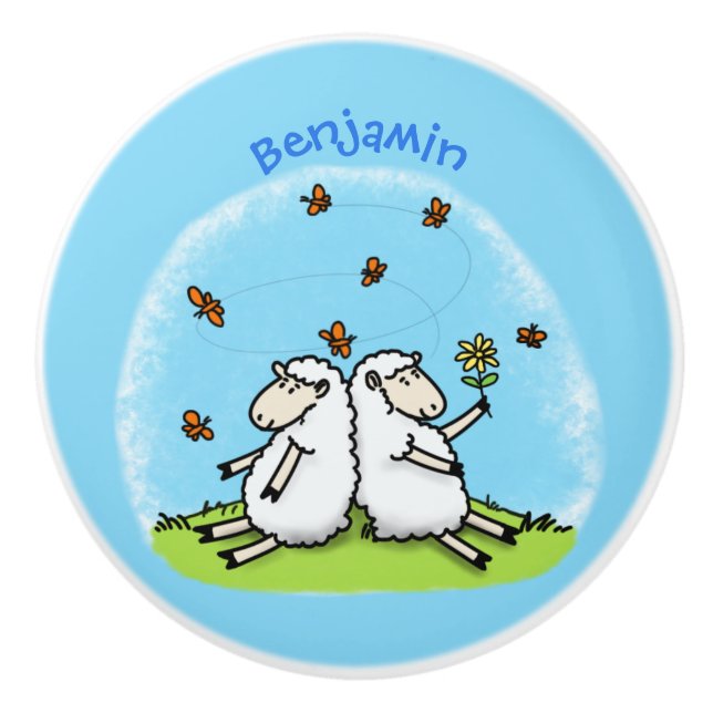 Bouton De Porte En Céramique Caricature de moutons mignons amis et papillons (Devant)