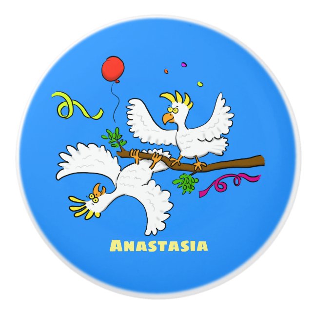 Bouton De Porte En Céramique Caricature d'oiseaux de cockatoo amusante (Devant)