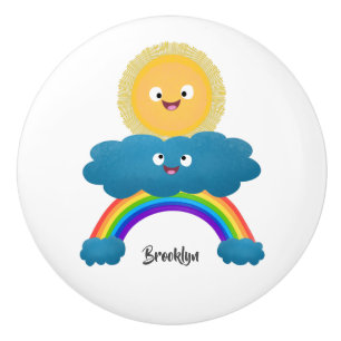 Bouton De Porte En Céramique Caricature en arc-en-ciel du joyeux nuage de solei