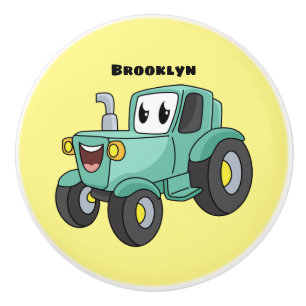 Bouton De Porte En Céramique Caricature joli tracteur vert joyeux