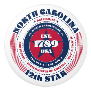 Bouton De Porte En Céramique Caroline du Nord États-Unis Rouge Blanc Bleu Typog