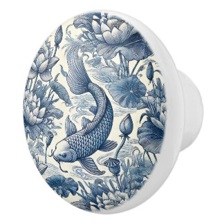 Bouton De Porte En Céramique Carpe Koï et Nymphéa Bleu Chinoiserie Toile