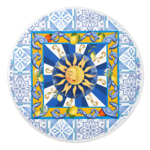 Bouton De Porte En Céramique Carreaux bleus, soleil sicilien, mosaïque, majolic