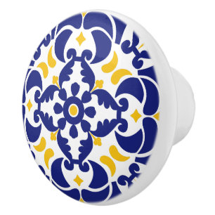 Bouton De Porte En Céramique Carreaux méditerranéens Motif bleu et jaune