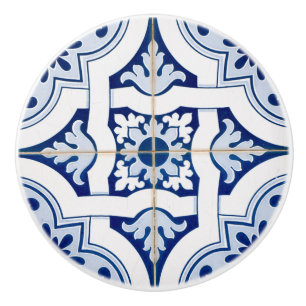 Bouton De Porte En Céramique Carreaux Méditerranéens Vintage Bleu Élégants