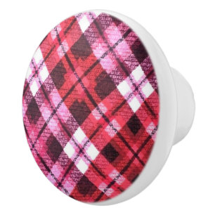 Bouton De Porte En Céramique Carreaux Tartan à Plaid Diagonal Bourgogne Rose