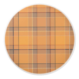 Bouton De Porte En Céramique Carreaux tartan corail, orange et marron.
