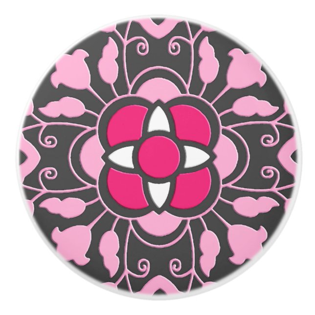 Bouton De Porte En Céramique Carrelage Floral marocain, Fuchsia rose & gris / G (Devant)