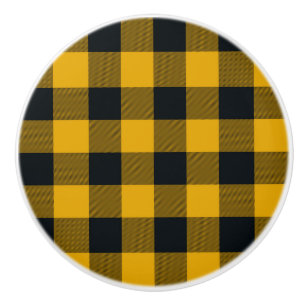Bouton De Porte En Céramique Carrés à carreaux jaunes et noirs Buffalo Plaid
