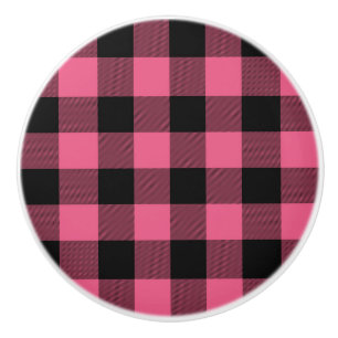 Bouton De Porte En Céramique Carrés Vichy Rose et Noir Buffalo Plaid